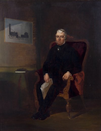 Retrato de Robert Stephenson con Rocket de English School